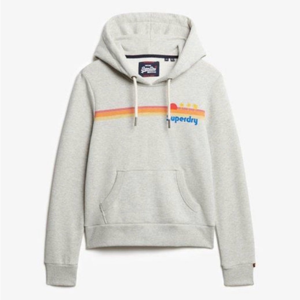 Superdry Light Grey Hoodie with Orange-Yellow Retro Stripe Size 10